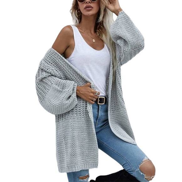 Miss Sparkling Oversized Loose Knit‎ Open Front Boho Cardigan Gray SZ L NWT - Picture 1 of 7